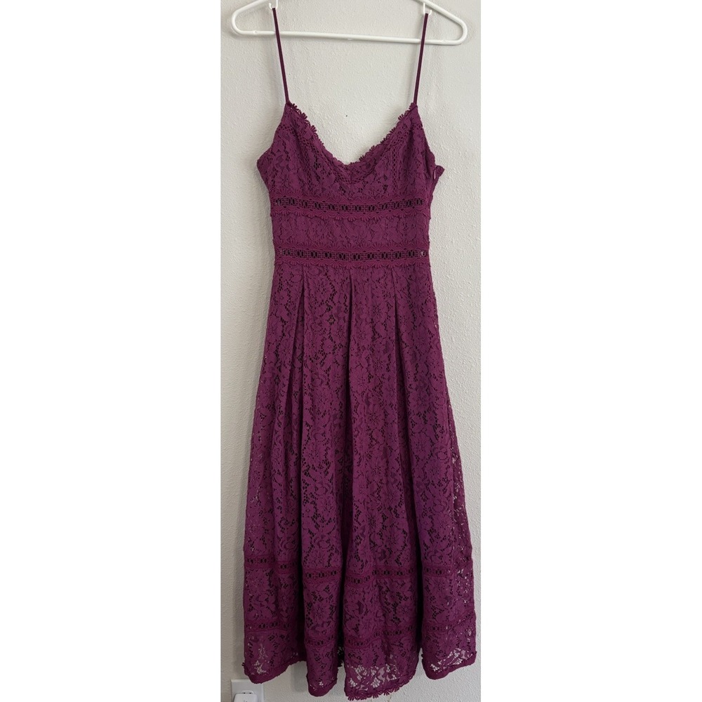 NSR Women's Small Magenta Lace Midi Dress Spaghetti Strap Fit & Flare CD9827A